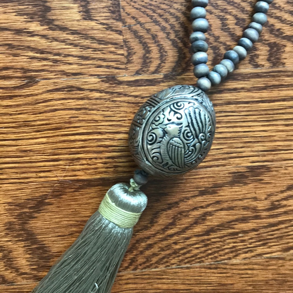 Long wooden beaded tassel necklace